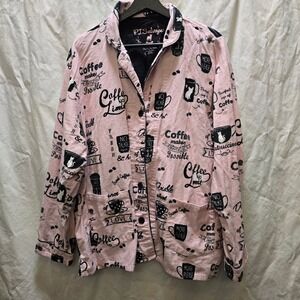 PJ Salvage Pink Coffee Lover Pajama Top Button Up XL Cozy Cotton Flannel